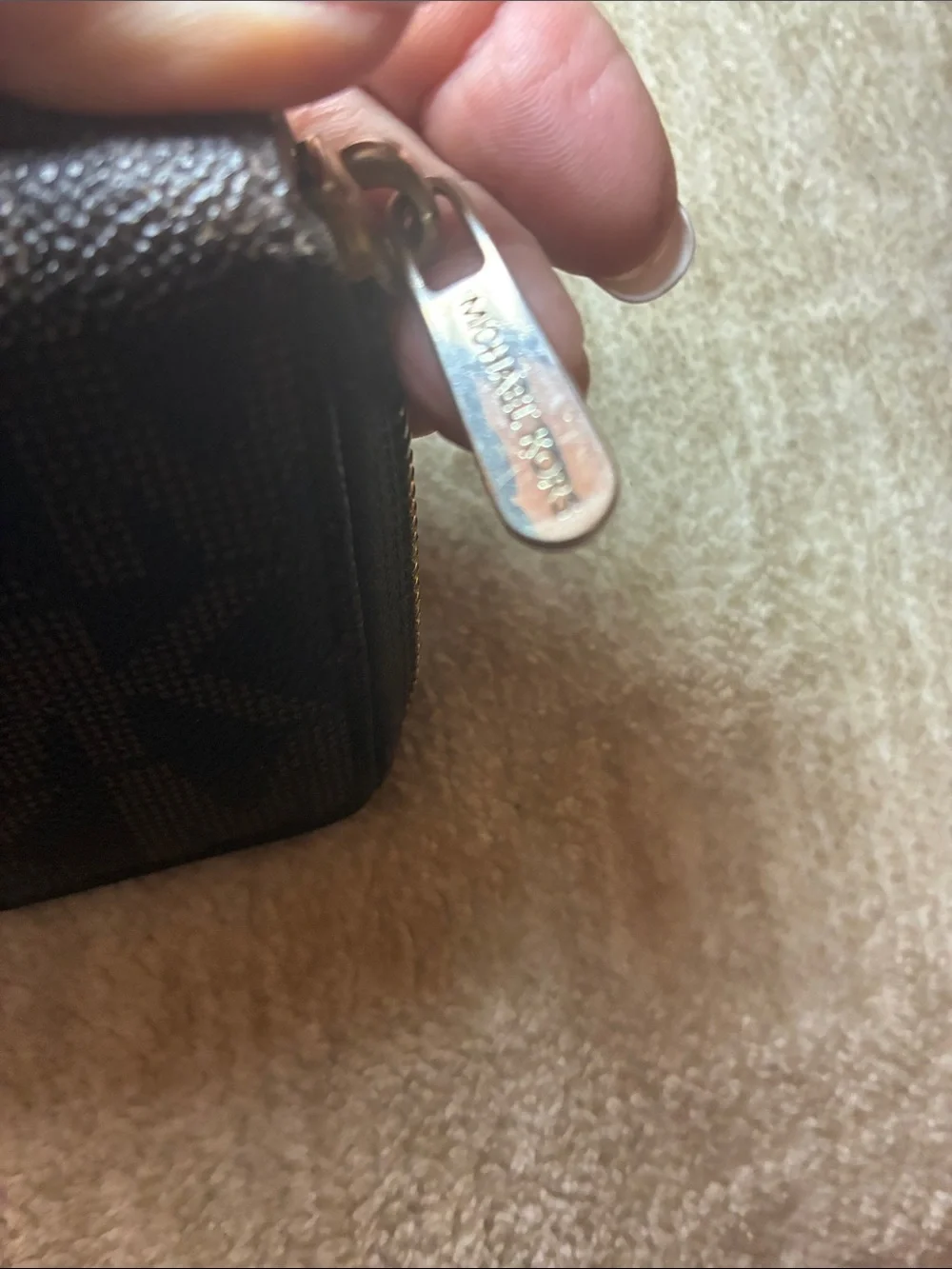 Michael Kors Dark Brown Monogram Zip Wallet with Gold Plate